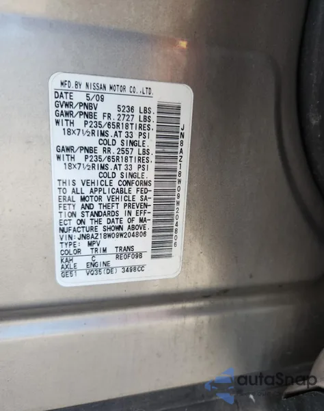 2009 Nissan Murano S z USA, uszkodzony, nr VIN JN8AZ18W09W204806